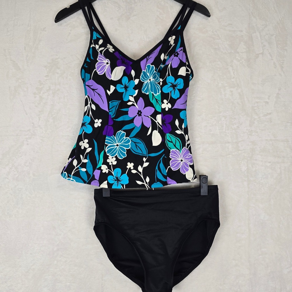 Miraclesuit Tankini Swimsuit Set size 10 Floral V-Neck High Waist Black Blue